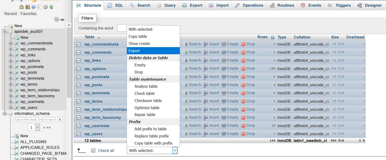 php database export